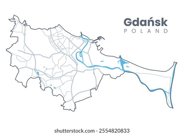 Gdansk - city on the Baltic coast of northern Poland and the capital of the Pomeranian Voivodeship. Vector poster city map with streets and Motlawa River. Light stroke version.