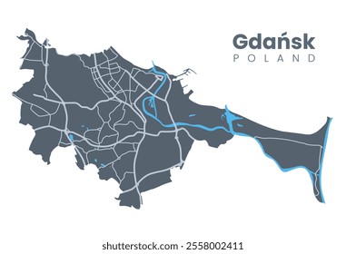 Gdansk - city on the Baltic coast of northern Poland and the capital of the Pomeranian Voivodeship. Vector poster city map with streets and Motlawa River.