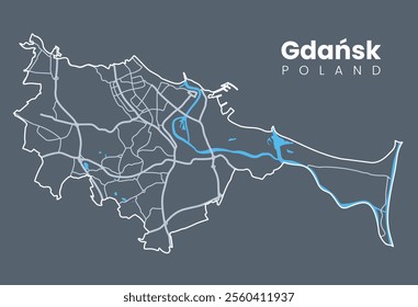 Gdansk - city on the Baltic coast of northern Poland and the capital of the Pomeranian Voivodeship. Vector poster city map with streets and Motlawa River. Light stroke version on dark background.