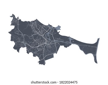 Danzig-Karte. Detaillierte Vektorgrafik des Verwaltungsbezirks Danzig. Stadtbild Poster metropolitan aria view. Dunkles Land mit weißen Straßen, Straßen und Alleen. Weißer Hintergrund.