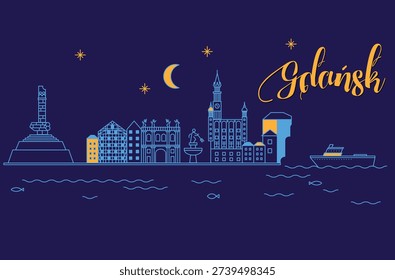 Gdansk at night cityscape linear minimal style with buildings