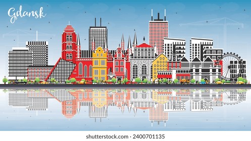 Danziger Polnische Skyline mit farbigen Gebäuden, blauem Himmel und Spiegelungen. Vektorgrafik. Das Stadtbild von Danzig mit Sehenswürdigkeiten. Reise- und Tourismuskonzept mit moderner und historischer Architektur.