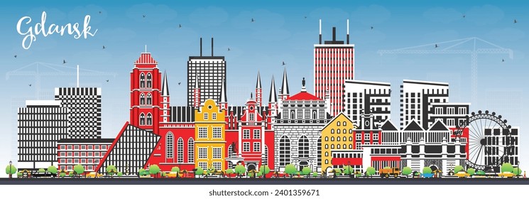 Gdansk Poland city skyline with color buildings and blue sky. Vector illustration. Gdansk cityscape with landmarks. Business travel and tourism concept with modern and historic architecture.