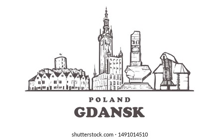 Gdansk sketch skyline. Gdansk, Poland hand drawn vector illustration. Isolated on white background. 