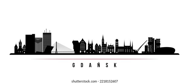 Gdansk Skyline horizontaler Banner. Schwarz-Weiß-Silhouette von Danzig, Polen. Vektorvorlage für Ihr Design. 