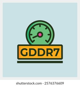 GDD7 Speedometer Icon with dark green gauge line and orange rectangle with letters on a light blue background