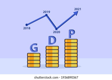 GDP business vector concept: Graph of GDP business year by year with stacks of coin 