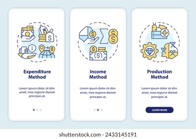 GDP calculating onboarding mobile app screen. Economic growth. Walkthrough 3 steps editable graphic instructions with linear concepts. UI, UX, GUI template. Myriad Pro-Bold, Regular fonts used