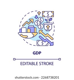 Icono de concepto de PIB. Impacto bruto sobre el producto interno. Ilustración de línea delgada de ideas abstractas de indicadores económicos. Dibujo de contorno aislado. Trazo editable. Fuentes Arial, Myriad Pro-Bold utilizadas