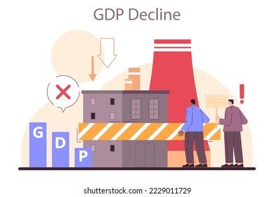 GDP decline as a recession indicator. Significant, widespread, and prolonged economic slow down or stagnation. Economical activity decline sign. Flat vector illustration