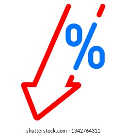 GDP Decrease Fall, Red Arrow And Percent Icon. Vector GDP, Investment Profit Loss Arrow Down Symbol