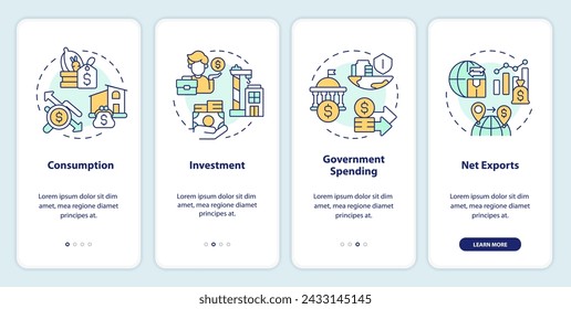 GDP expenditure calculating method onboarding mobile app screen. Walkthrough 4 steps editable graphic instructions with linear concepts. UI, UX, GUI template. Myriad Pro-Bold, Regular fonts used