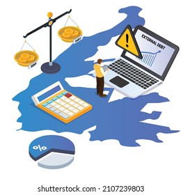 GDP y External Debt isométrico concepto vectorial 3d para banner, sitio web, ilustración, página de inicio, volante, etc.