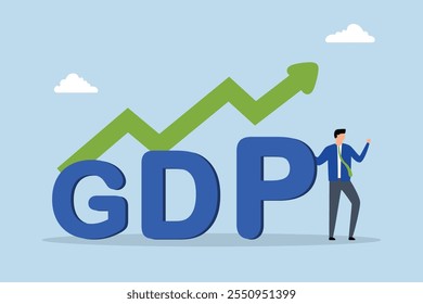 PIB Produto interno bruto, Empresário é visto ao lado de um sinal do PIB e um gráfico crescente. 