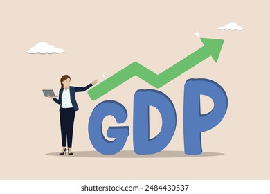 GDP Gross domestic product, import or export, annual percentage value report concept, businesswoman stand with GDP word and growing graph and chart.