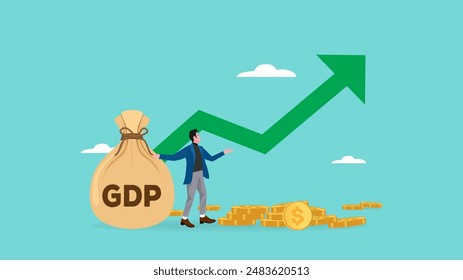 GDP Gross domestic product, value of goods and service produced by a country in a certain time, balance of import and export, businessman stand with money bag with GDP word and growing graph and chart