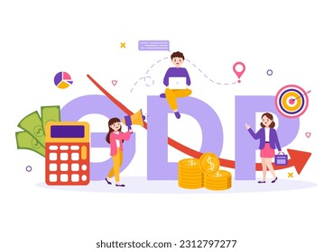 GDP or Gross Domestic Product Vector Illustration with Economic Growth Column and Market Productivity Chart in Flat Cartoon Hand Drawn Templates