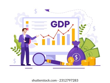 GDP or Gross Domestic Product Vector Illustration with Economic Growth Column and Market Productivity Chart in Flat Cartoon Hand Drawn Templates