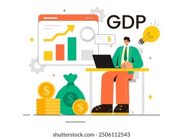 PIB o Ilustración vectorial del Producto interno bruto con columnas de crecimiento económico y gráficos de productividad del mercado en un fondo de dibujos animados de estilo plano