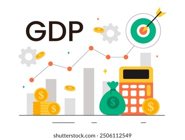 PIB o Ilustración vectorial del Producto interno bruto con columnas de crecimiento económico y gráficos de productividad del mercado en un fondo de dibujos animados de estilo plano