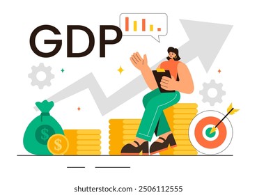 GDP or Gross Domestic Product Vector Illustration with Economic Growth Columns and Market Productivity Charts in a Flat Style Cartoon Background