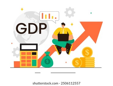 GDP or Gross Domestic Product Vector Illustration with Economic Growth Columns and Market Productivity Charts in a Flat Style Cartoon Background