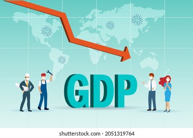 GDP Growth Graph Downfall With Diversity Career People, World Map And Covid-19 Coronavirus Background. Global World Economic Crisis, Unemployment Due To Virus Pandemic.