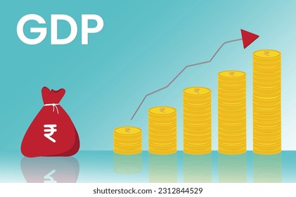 GDP Growth of India represented by Rupee Icon on money bag and increasing graph going up