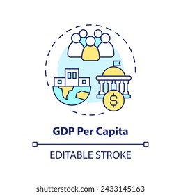 Icono de concepto multicolor del PIB per cápita. Indicador socioeconómico. Base de pago individual. Ilustración de línea de forma redonda. Idea abstracta. Diseño gráfico. Fácil de usar en folleto, folleto