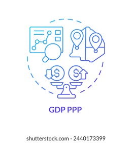 Gdp ppp blaues Farbverlaufskonzept Symbol. Kaufkraftparität. Löhne und Gehälter, Sozialökonomie. Darstellung der runden Formlinie. Abstrakte Idee. Grafikdesign. Einfach in Broschüre, Broschüre zu verwenden