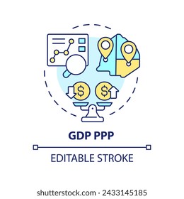 Gdp ppp multi color concept icon. Purchasing power parity. Wages and salaries, social economics. Round shape line illustration. Abstract idea. Graphic design. Easy to use in brochure, booklet