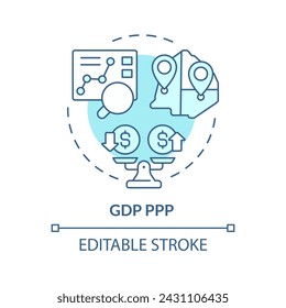 Gdp ppp soft blue concept icon. Purchasing power parity. Wages and salaries, social economics. Round shape line illustration. Abstract idea. Graphic design. Easy to use in brochure, booklet