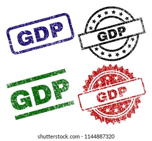 GDP seal prints with damaged surface. Black, green,red,blue vector rubber prints of GDP caption with dust surface. Rubber seals with circle, rectangle, medal shapes.