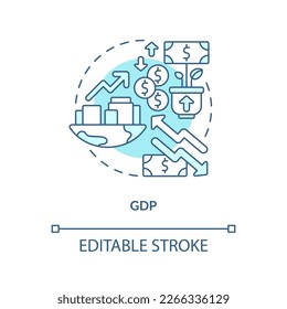 GDP turquoise concept icon. Gross domestic product impact. Economic indicator abstract idea thin line illustration. Isolated outline drawing. Editable stroke. Arial, Myriad Pro-Bold fonts used