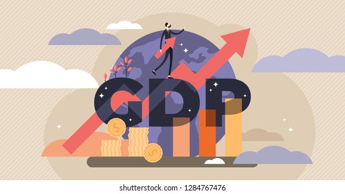 GDP vector illustration.Flat tiny persons concept with gross domestic product per capita.Businessman with ascending economical data arrow.National earning profit measurement and index.Financial value.