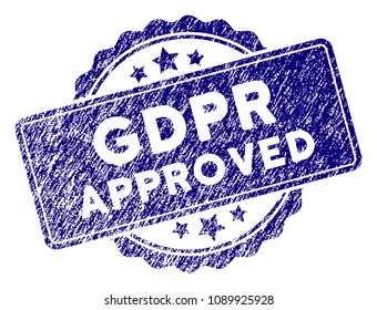 GDPR Approved stamp seal. Vector element with grainy design and dust texture in blue color. Designed for overlay watermarks and grunge textured rubber seal imitations.