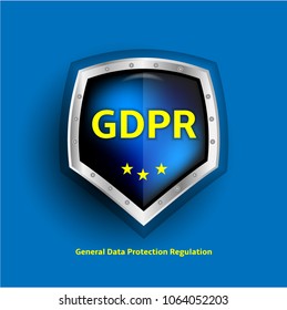 GDPR background, shield with yellow text, isolated on blue background