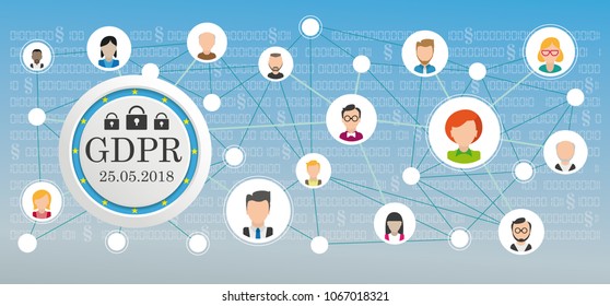 GDPR button with EU Flag and social network with human faces on the blue background. Eps 10 vector file.