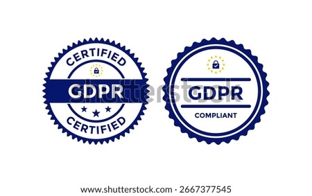GDPR certified compliant badges and logos features a padlock and EU stars. Suitable for websites, mobile apps, and corporate documents, privacy policy pages, consent forms 