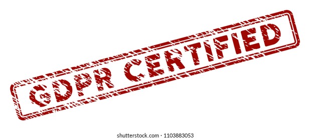 GDPR Certified rectangle rubber stamp seal. Vector element with distress design and retro texture in red color. Designed for overlay watermarks and distressed seal imprints.