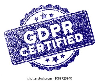 GDPR Certified stamp seal. Vector element with grainy design and unclean texture in blue color. Designed for overlay watermarks and grunge textured rubber seal imitations.