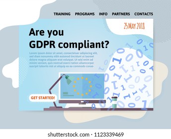 GDPR compliance. General Data Protection Regulation. Office enviroment with digital data background. Are you compliant. Design template of website, poster, print media. Vector illustration.