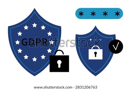 GDPR compliance. GDPR highlighted through shields, locks, and password icons emphasizing data privacy. GDPR ensures secure storage, protection, and management of private information. Suitable