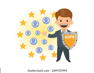 GDPR compliance. Personal data security. Shielded man protecting personal accounts in front of European Union stars. Flat vector illustration. Isolated on white background.