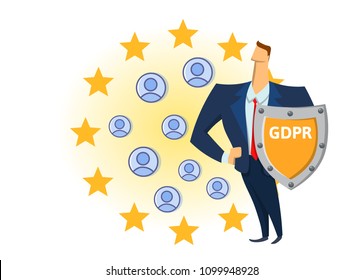 GDPR compliance. Personal data security. Shielded man protecting personal accounts in front of European Union stars. Flat vector illustration. Isolated on white background.