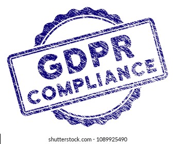 GDPR Compliance stamp seal. Vector element with grainy design and corroded texture in blue color. Designed for overlay watermarks and grunge textured rubber seal imitations.