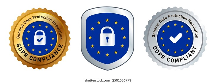 Cumplimiento del RGPD Regulación general de protección de datos Insignia símbolo emblema escudo plata y oro