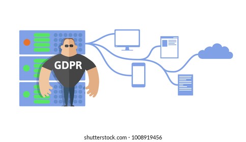 GDPR concept illustration. General Data Protection Regulation. The protection of personal data. Server and security guard. Vector, isolated on white background.