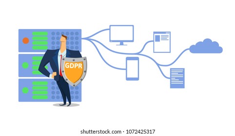 GDPR concept illustration. General Data Protection Regulation. The protection of personal data. Server and security guard. Vector, isolated on white background.