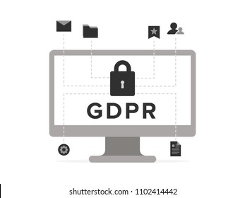 GDPR concept illustration. Idea of data protection. Lock on computer screen. Safety for personal messages, files, documents, data.